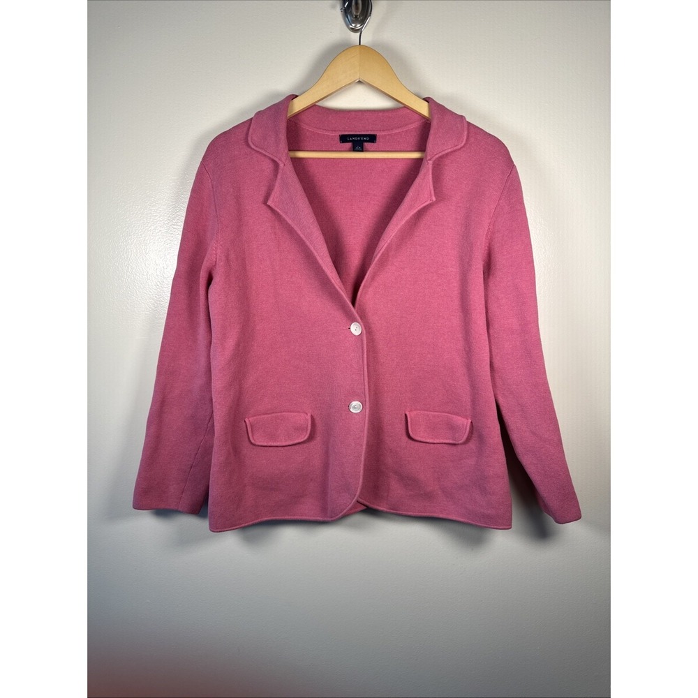 Lands End Knit Blazer Pink Womens L Sweater Stretch Career Preppy Minimal Cotton